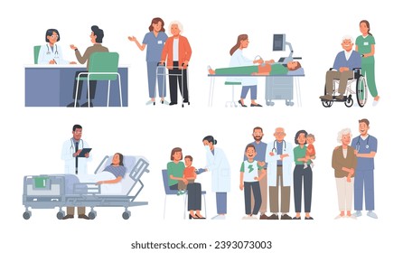 Set of medical care scenes. Doctor and patient, ultrasound examination, caring for the elderly, outpatient treatment. Vector illustration in flat style