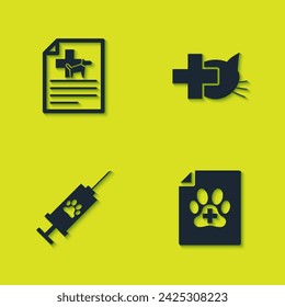 Set Medical certificate for dog or cat, , Syringe with pet vaccine and Veterinary clinic icon. Vector