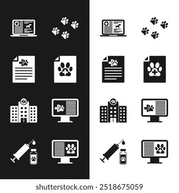 Set Medical certificate for dog or cat, , Clinical record on laptop, Paw print, Veterinary medicine hospital and pet monitor icon. Vector