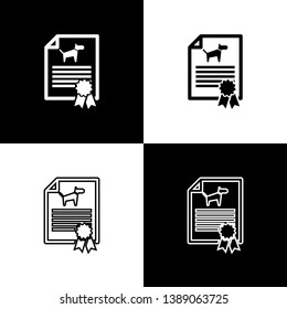 Set Medical certificate for travel with dog or cat icons isolated on black and white background. Document for pet. Dog or cat paw print. Vector Illustration