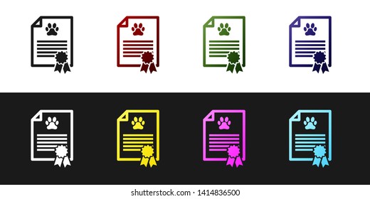 Set Medical certificate for travel with dog or cat icon isolated on black and white background. Document for pet. Dog or cat paw print. Vector Illustration