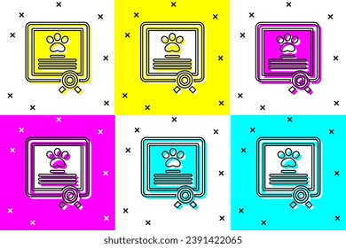 Set Medical certificate for travel with dog or cat icon isolated on color background. Document for pet. Dog or cat paw print.  Vector