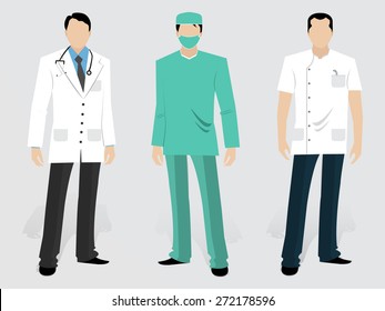 Set of Medical characters including a young Doctor, Surgeon and Dentist in uniform on grey background. 