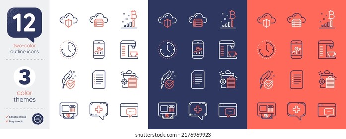 Conjunto de iconos de chat médico, Atm y línea de documento. Incluya gráficos de bitcoin, iconos de mensajes de tiempo y sesión. Servidor en la nube, Hypoallergenic test, elementos web de compras Seo. Máquina de café. Vector