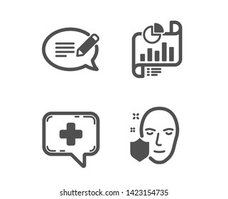 Set of Medical chat, Message and Report document icons. Face protection sign. Medicine help, Speech bubble, Growth chart. Secure access.  Classic design medical chat icon. Flat design. Vector