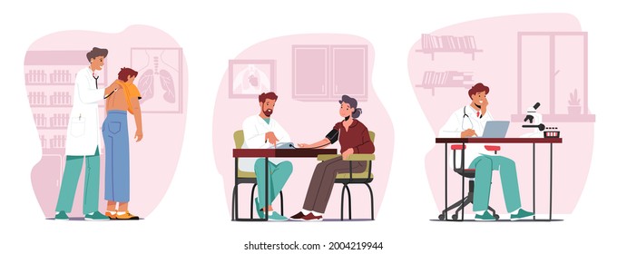 Set Medical Check Up Concept. Patients Characters Visiting Doctor Cabinet For Checkup Health. Medic In Laboratory Testing Blood Samples, Senior With Tonometer. Cartoon People Vector Illustration