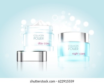 Set Of Medical Clean Cosmetic Ads Template, Hydrating Moisturizing Facial Cream Glass Jar Foil Cap Package Design with Healthcare Icons. 3D realistic vector illustration.