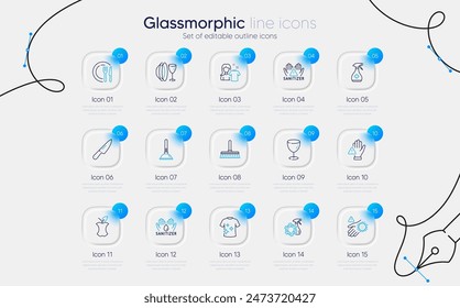 Set of Medical cleaning, Cleaning mop and Hand sanitizer line icons for web app. Organic waste, Knife, Clean t-shirt icons. Dont touch, Plunger, Dish plate signs. Clean hands, Wash hand, Glass. Vector