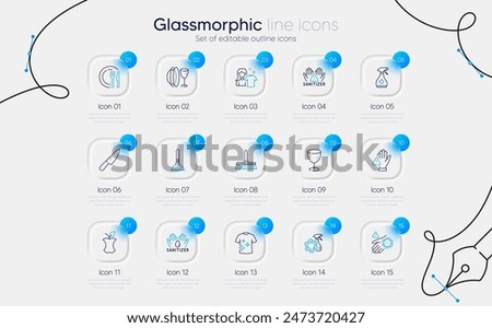 Set of Medical cleaning, Cleaning mop and Hand sanitizer line icons for web app. Organic waste, Knife, Clean t-shirt icons. Dont touch, Plunger, Dish plate signs. Clean hands, Wash hand, Glass. Vector