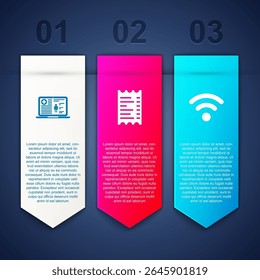 Estabeleça um registro clínico médico, uma verificação financeira em papel e uma rede sem fio Wi-Fi. Modelo de infográfico comercial. Vetor