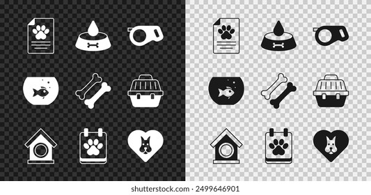 Set Medical clinical record pet, Pet food bowl for cat dog, Retractable leash, Dog house, Calendar grooming, Heart with, Aquarium fish and bone icon. Vector