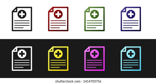 Set Medical clipboard with clinical record icon isolated on black and white background. Health insurance form. Document prescription, medical check marks report. Vector Illustration