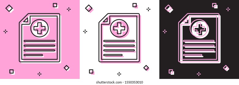 Set Medical clipboard with clinical record icon isolated on pink and white, black background. Health insurance form. Prescription, medical check marks report.  Vector Illustration