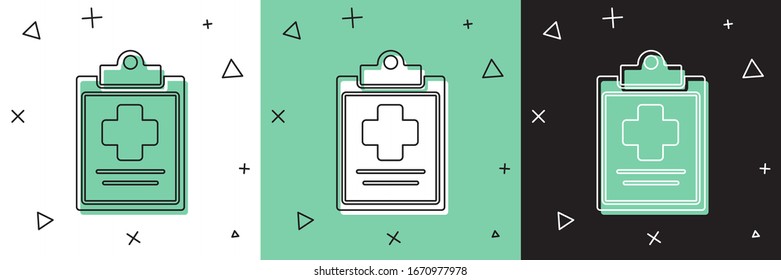 Set Medical clipboard with clinical record icon isolated on white and green, black background. Health insurance form. Prescription, medical check marks report.  Vector Illustration