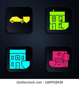 Set Medical clipboard with clinical record, Car with shield, Medical hospital building with shield and House with shield. Black square button. Vector