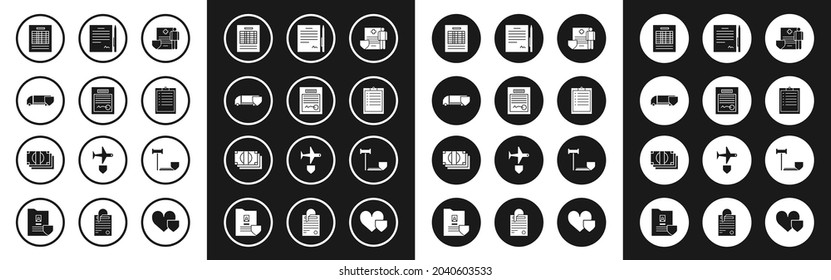 Set Medical clipboard with clinical record, Filled form, Delivery cargo truck shield, Report file document, Clipboard checklist, Contract pen, Judge gavel and Stacks paper money cash icon. Vector