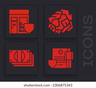 Set Medical clipboard with clinical record, Shopping building with shield, Crumpled paper ball and Stacks paper money cash icon. Vector