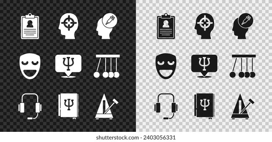 Set Medical clipboard, Finding problem, Addiction to the drug, Psychologist online, Psychology book, Psi, Metronome with pendulum, Comedy theatrical mask and Psychology, icon. Vector