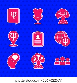 Set Medical clipboard, Head with question mark, Users group, Psychology, Psi, Broken heart or divorce, Addiction to the drug and book, icon. Vector