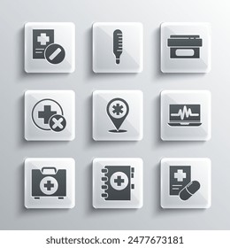 Set Medical clipboard, prescription, Laptop with cardiogram, Map pointer cross hospital, First aid kit, Cross medical,  and Ointment cream tube medicine icon. Vector