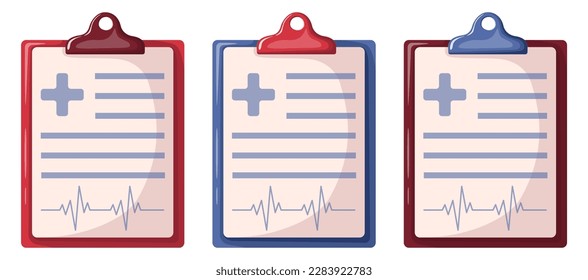 Set of medical clipboards. Medicine, therapy and healthcare concept. Isolated vector illustration on white background.