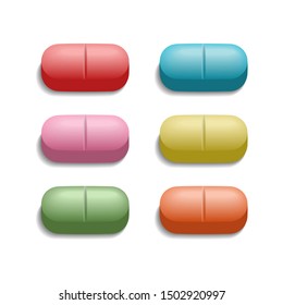 Set of medical colored pills. Oval bulging tablets in 3D style with shadow are isolated on white background. Side view. Realistic vector illustration