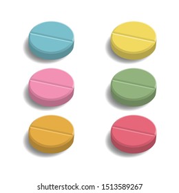 Set of medical colored tablets with shadow are isolated on white background. Round pills in 3D style. Side view. Realistic vector illustration 