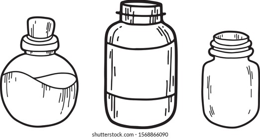 Set of medical containers. Different glass and plastic bottles, pills. Vector hand drawn illustration isolated on white background. Flat, cartoon style, line art.