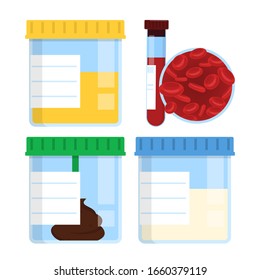 Conjunto de contenedores médicos vectoriales aislados. Esperma, orina, heces y análisis de sangre. Idea de prueba clínica. Análisis de laboratorio de la secreción humana.