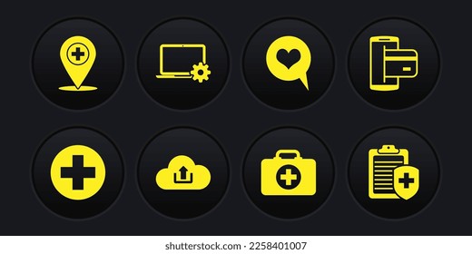 Set Medical cross in circle, NFC Payment, Cloud upload, First aid kit, Heart speech bubble and Laptop and gear icon. Vector