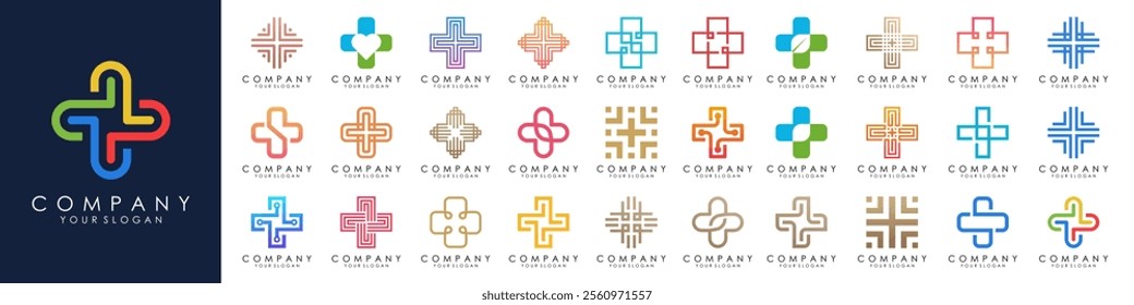 set of Medical Cross logo design template set. Isolated plus icon symbols for hospital, ambulance, pharmacy. Vector collection of health care emblems, signs, badges.