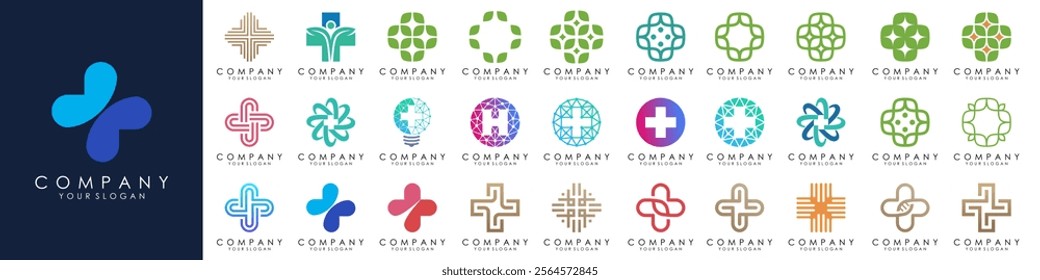 set of Medical Cross logo design template set. Isolated plus icon symbols for hospital, ambulance, pharmacy. Vector collection of health care emblems, signs, badges.