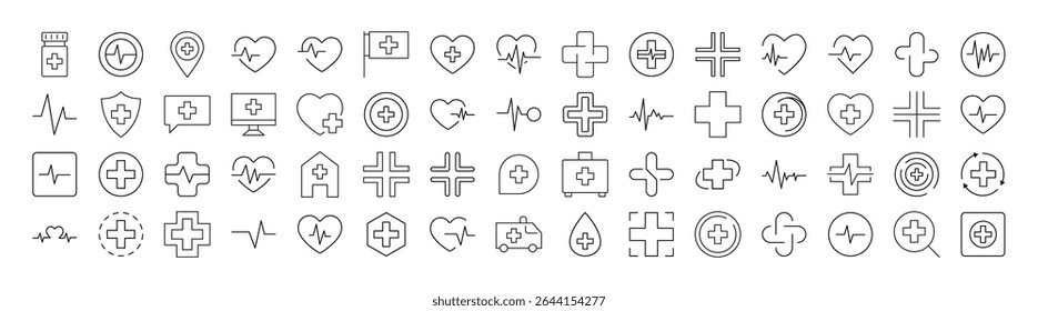 Conjunto de Ícones de Linha Relacionados Médicos Cruzados. Outline Signs para Gráficos e Web Design, Apps, Anúncios, Vários Cartões 