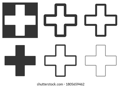 Set of medical cross vector icons isolated on white background and on dark background.