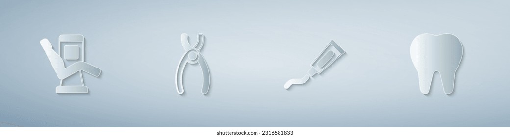 Set Medical dental chair, Dental pliers, Tube of toothpaste and Tooth. Paper art style. Vector