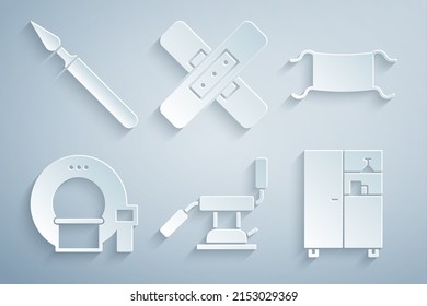 Set Medical dental chair, protective mask, Tomography, Medicine cabinet, Crossed bandage plaster and surgery scalpel icon. Vector