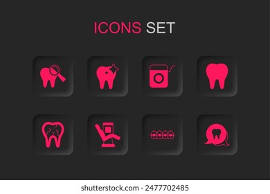 Set Medical dental chair, Tooth whitening, Broken tooth, Teeth with braces, Dental floss and  icon. Vector