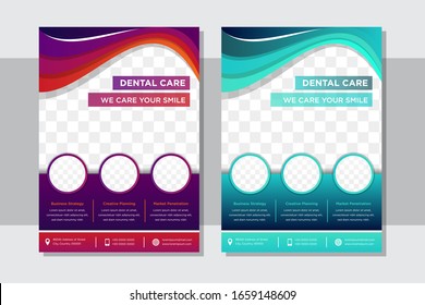 Set Of Medical Dental Health Care Flyer Vector Template With Gradient Blue And Purple Colors. Dental Clinic Poster And Brochure Cover Design With Space For Photo Collage In Circle And Tooth Shapes.