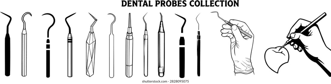 Set of medical dental instruments and probes with hand holding tool, dental examination procedure on isolated background