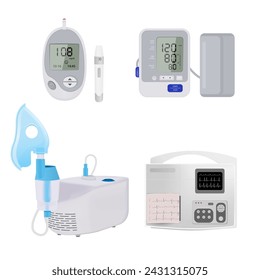 Set of medical devices. Glucometer, Compressor inhaler, Automatic medical tonometer, ELECTROCARDIOGRAPH