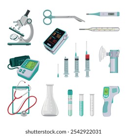 Set of medical devices: microscope, stethoscope, pulse oximeter, electric tonometer, medical thermometer, inhaler, medical scissors, syringes and flasks