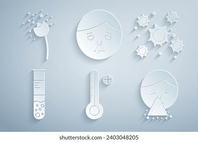 Set Medical digital thermometer, Bacteria, Test tube and flask, Handkerchief to his runny nose, Runny and Flower producing pollen icon. Vector