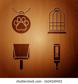 Set Medical digital thermometer, Collar with name tag, Dustpan and Cage for birds on wooden background. Vector