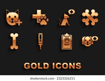 Set Medical digital thermometer, Crossed bones, Veterinary clinic symbol, Clipboard with medical clinical record pet, Dog,  and  icon. Vector