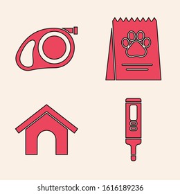 Set Medical digital thermometer, Retractable cord leash with carabiner, Bag of food for dog and Dog house icon. Vector