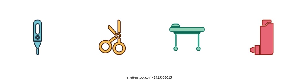 Set Medical digital thermometer, scissors, Stretcher and Inhaler icon. Vector