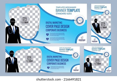 Set of Medical and Doctor Blue Web banners templates, Coverpage Standard sizes with space. Vector illustration