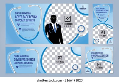 Set of Medical and Doctor Blue Web banners templates, Coverpage Standard sizes with space. Vector illustration