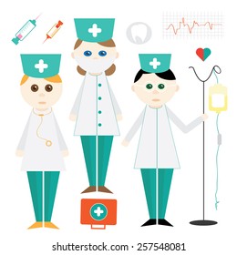 set of medical doctors on a white background . dropper , syringe , heart. vector background