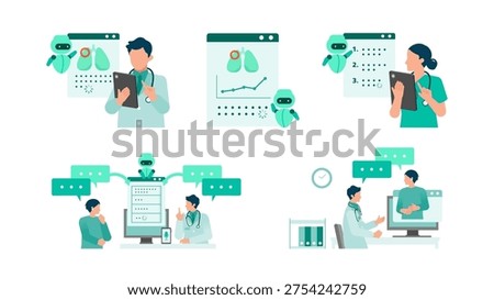 set of medical doctors using ai and tablet for diagnosis and telemedicine online consultation with nurse using chatbot for healthcare data analysis and digital medical imaging visualization vector